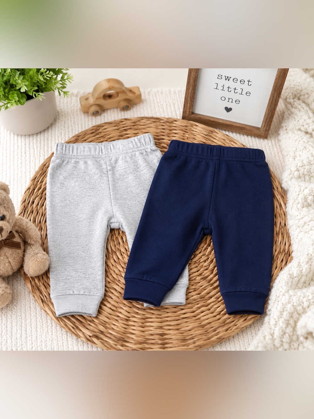 Lot of 2 Carter's Newborn Baby Pants Gray & Navy Pull-On Cotton Knit NB